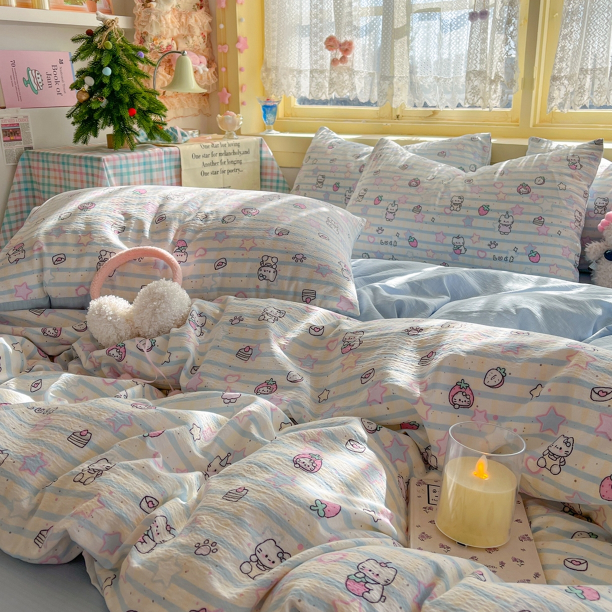 91家纺网 家纺一手货源 找家纺 玉海棠家纺 2025新款双层皱皱纱四件套 星光草莓猫