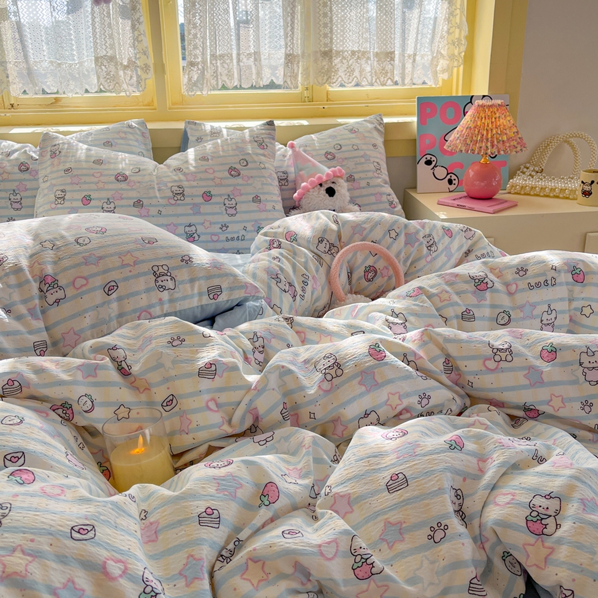 91家纺网 家纺一手货源 找家纺 玉海棠家纺 2025新款双层皱皱纱四件套 星光草莓猫