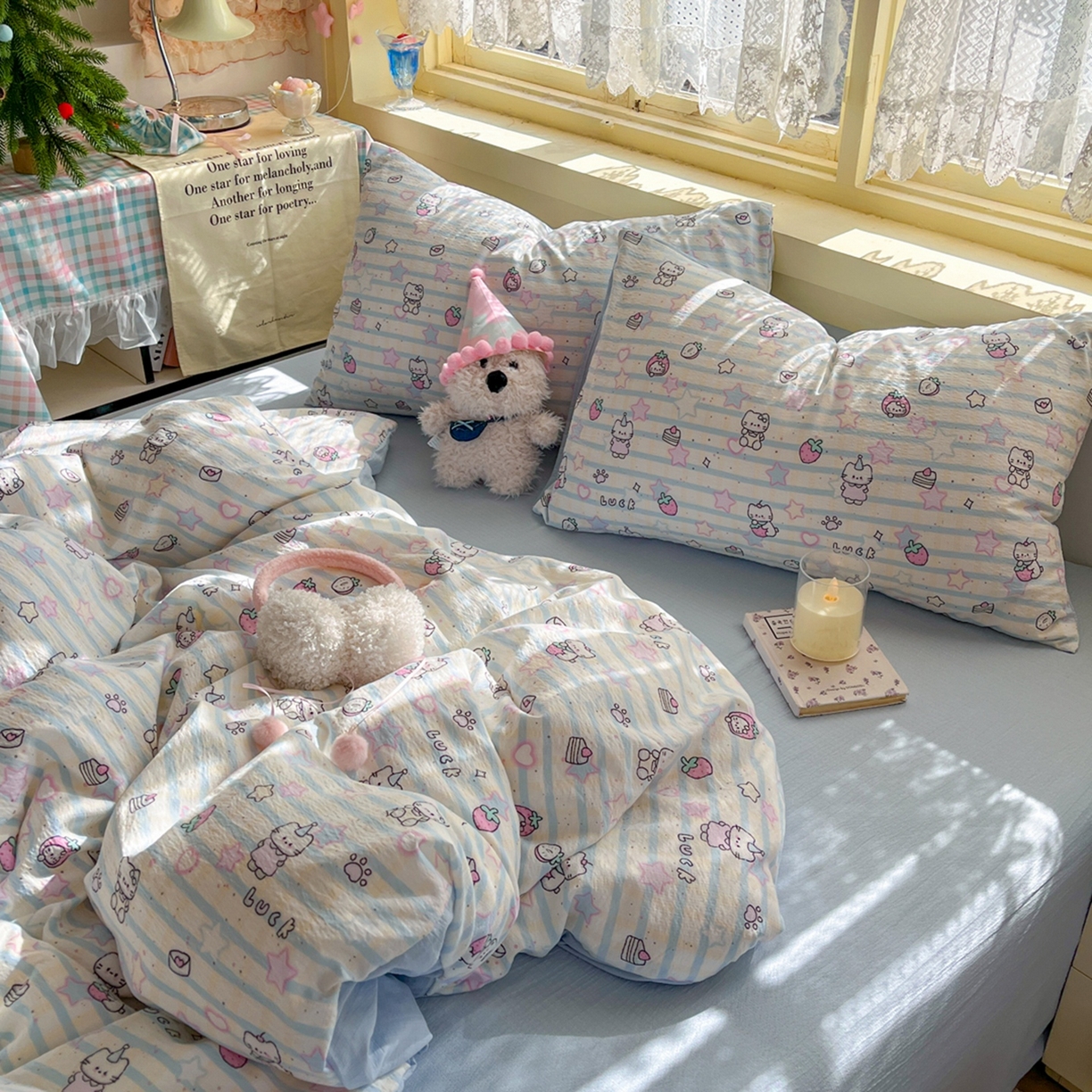 91家纺网 家纺一手货源 找家纺 玉海棠家纺 2025新款双层皱皱纱四件套 星光草莓猫