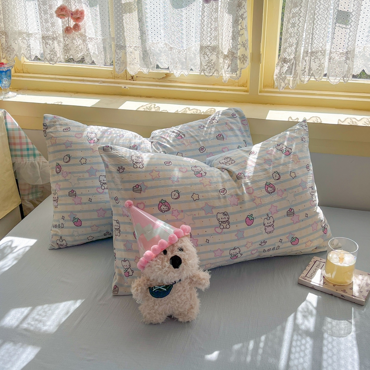 91家纺网 家纺一手货源 找家纺 玉海棠家纺 2025新款双层皱皱纱四件套 星光草莓猫