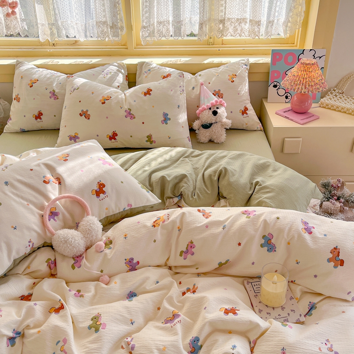 91家纺网 家纺一手货源 找家纺 玉海棠家纺 2025新款双层皱皱纱四件套 炫彩独角兽