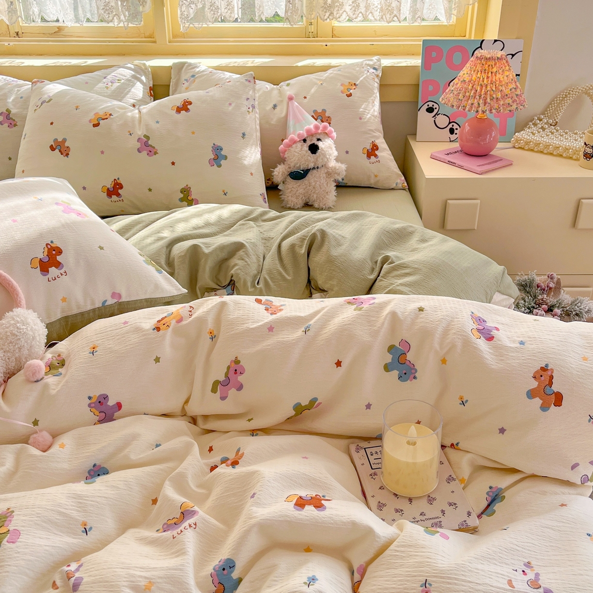 91家纺网 家纺一手货源 找家纺 玉海棠家纺 2025新款双层皱皱纱四件套 炫彩独角兽