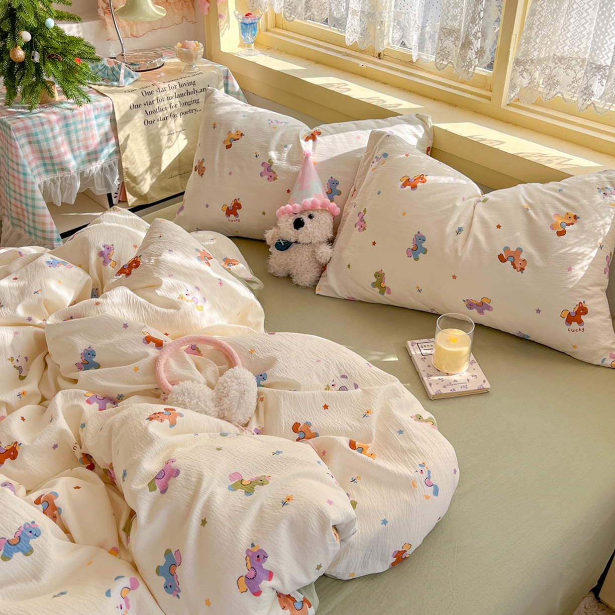 91家纺网 家纺一手货源 找家纺 玉海棠家纺 2025新款双层皱皱纱四件套 炫彩独角兽