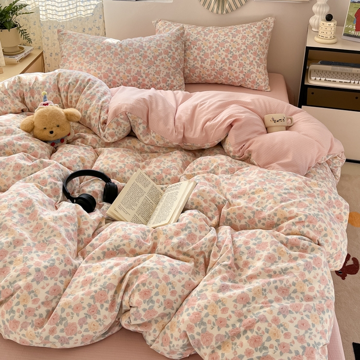 91家纺网 家纺一手货源 找家纺 玉海棠家纺 2025新款双层皱皱纱四件套 春风里