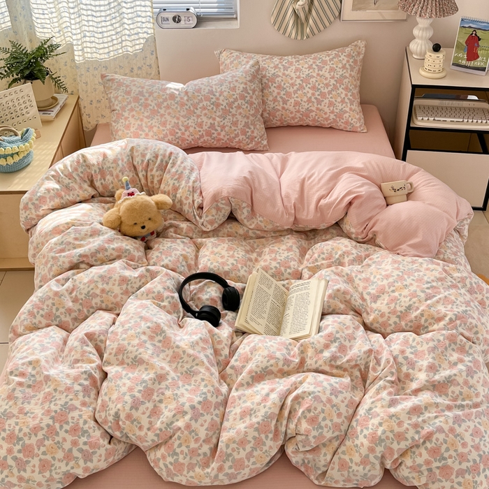 91家纺网 家纺一手货源 找家纺 玉海棠家纺 2025新款双层皱皱纱四件套 春风里