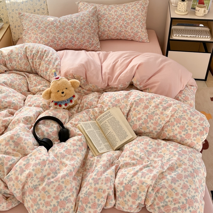 91家纺网 家纺一手货源 找家纺 玉海棠家纺 2025新款双层皱皱纱四件套 春风里