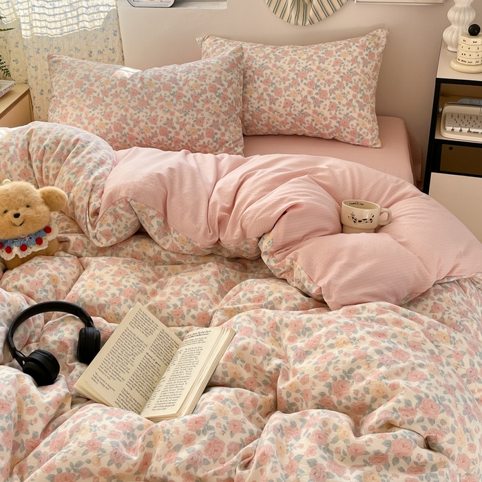 91家纺网 家纺一手货源 找家纺 玉海棠家纺 2025新款双层皱皱纱四件套 春风里