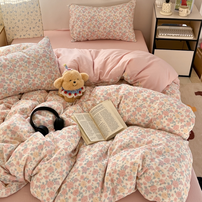 91家纺网 家纺一手货源 找家纺 玉海棠家纺 2025新款双层皱皱纱四件套 春风里