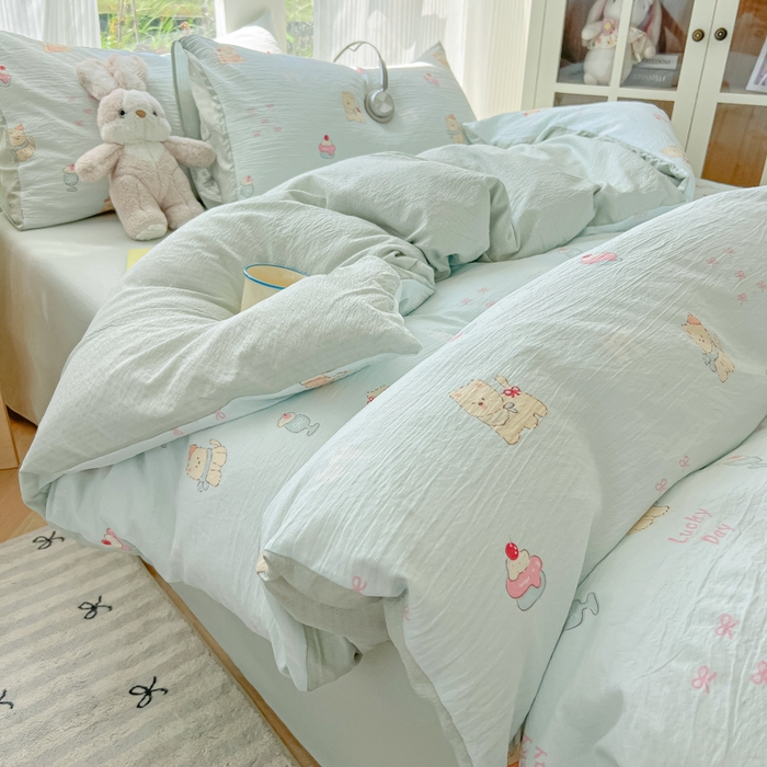 玉海棠家纺 2025新款双层皱皱纱四件套 蛋糕小猫