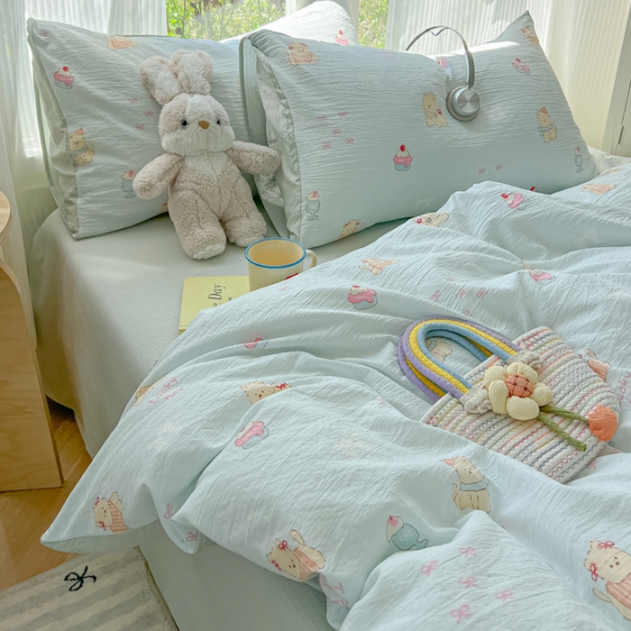 91家纺网 家纺一手货源 找家纺 玉海棠家纺 2025新款双层皱皱纱四件套 蛋糕小猫