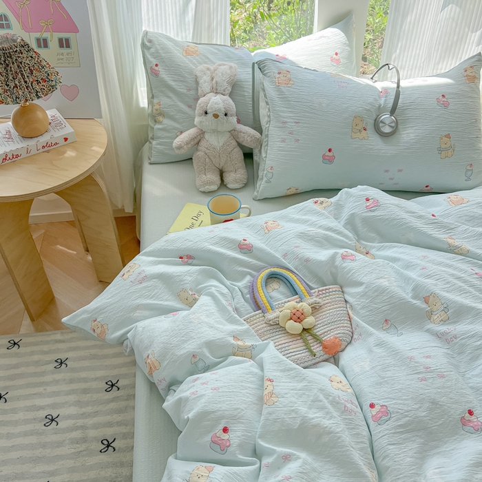 91家纺网 家纺一手货源 找家纺 玉海棠家纺 2025新款双层皱皱纱四件套 蛋糕小猫