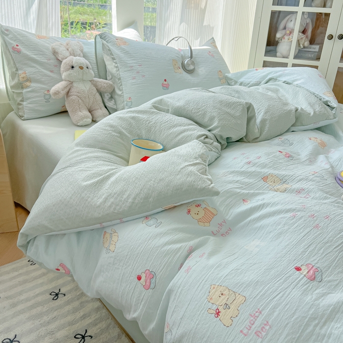 91家纺网 家纺一手货源 找家纺 玉海棠家纺 2025新款双层皱皱纱四件套 蛋糕小猫