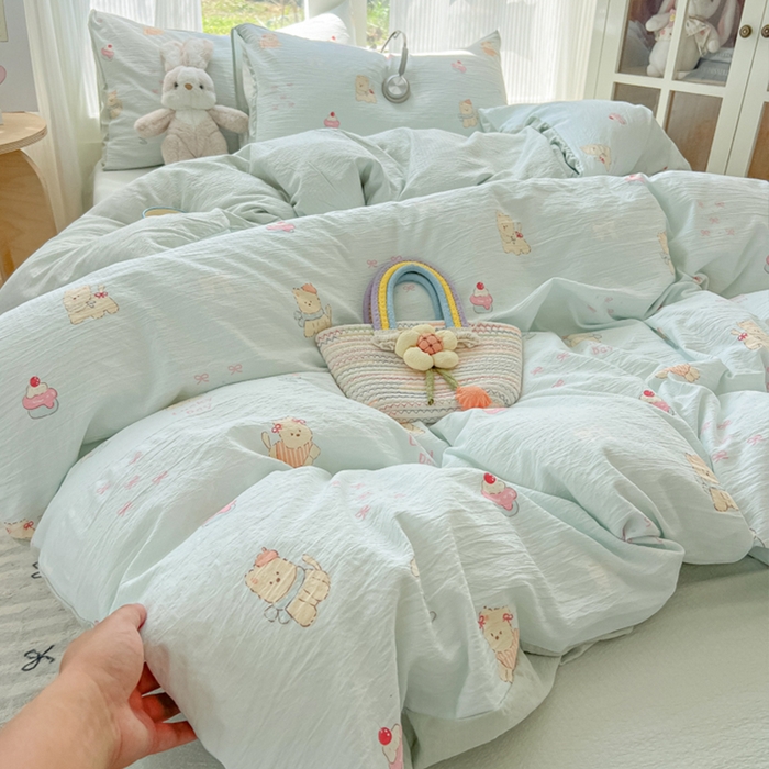 91家纺网 家纺一手货源 找家纺 玉海棠家纺 2025新款双层皱皱纱四件套 蛋糕小猫