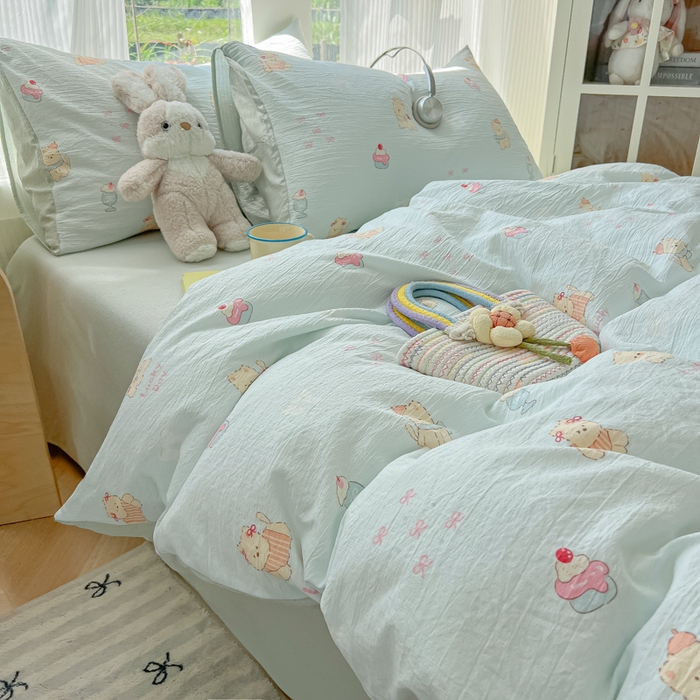 91家纺网 家纺一手货源 找家纺 玉海棠家纺 2025新款双层皱皱纱四件套 蛋糕小猫