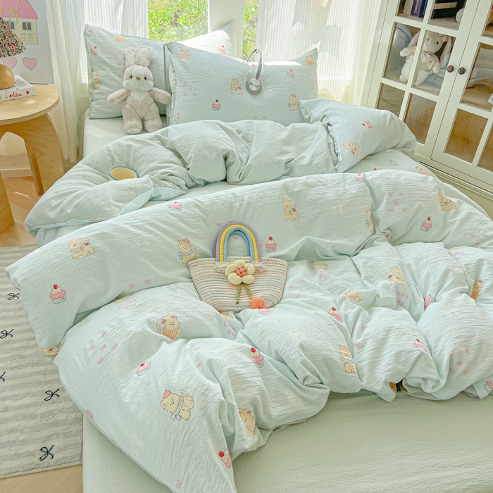 91家纺网 家纺一手货源 找家纺 玉海棠家纺 2025新款双层皱皱纱四件套 蛋糕小猫