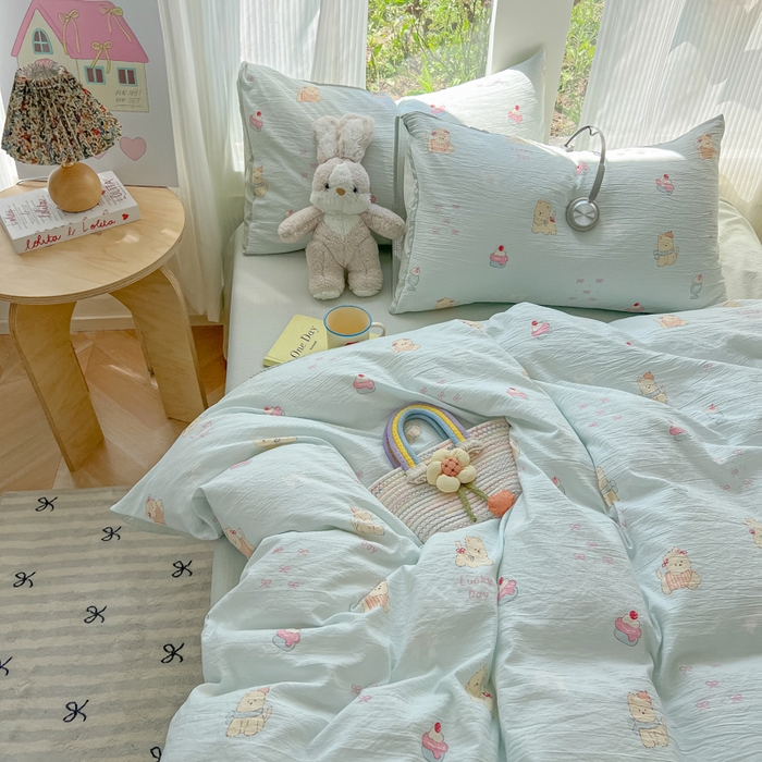 91家纺网 家纺一手货源 找家纺 玉海棠家纺 2025新款双层皱皱纱四件套 蛋糕小猫