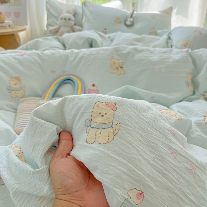 91家纺网 家纺一手货源 找家纺 玉海棠家纺 2025新款双层皱皱纱四件套 蛋糕小猫