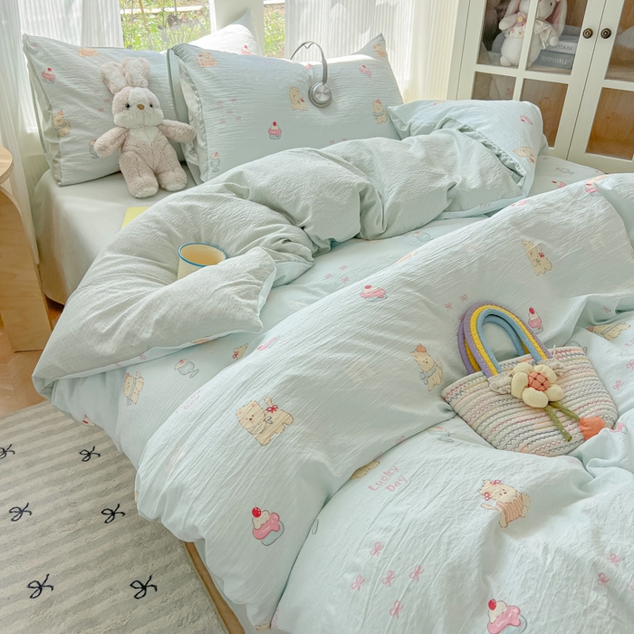 91家纺网 家纺一手货源 找家纺 玉海棠家纺 2025新款双层皱皱纱四件套 蛋糕小猫