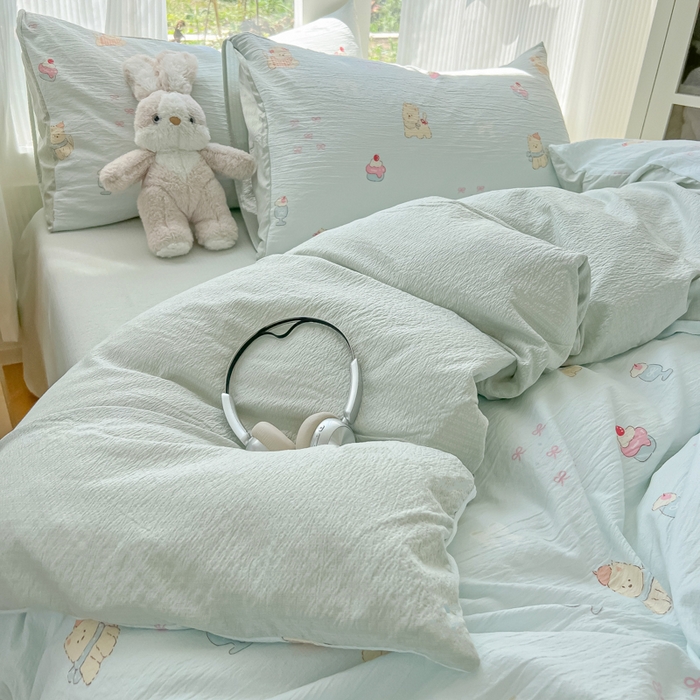 91家纺网 家纺一手货源 找家纺 玉海棠家纺 2025新款双层皱皱纱四件套 蛋糕小猫