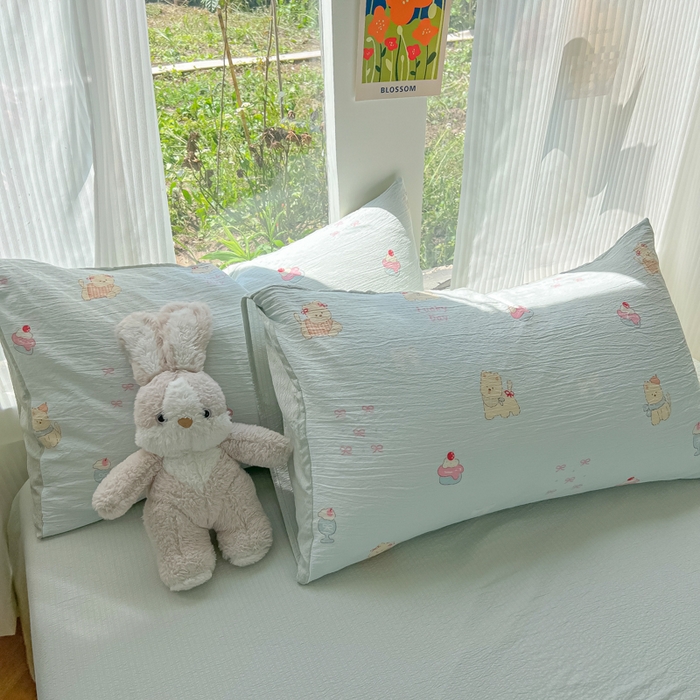 91家纺网 家纺一手货源 找家纺 玉海棠家纺 2025新款双层皱皱纱四件套 蛋糕小猫