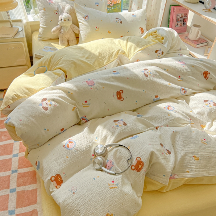 91家纺网 家纺一手货源 找家纺 玉海棠家纺 2025新款双层皱皱纱四件套 动物狂欢会米