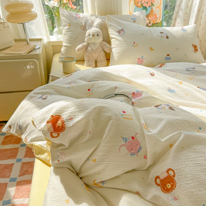 91家纺网 家纺一手货源 找家纺 玉海棠家纺 2025新款双层皱皱纱四件套 动物狂欢会米