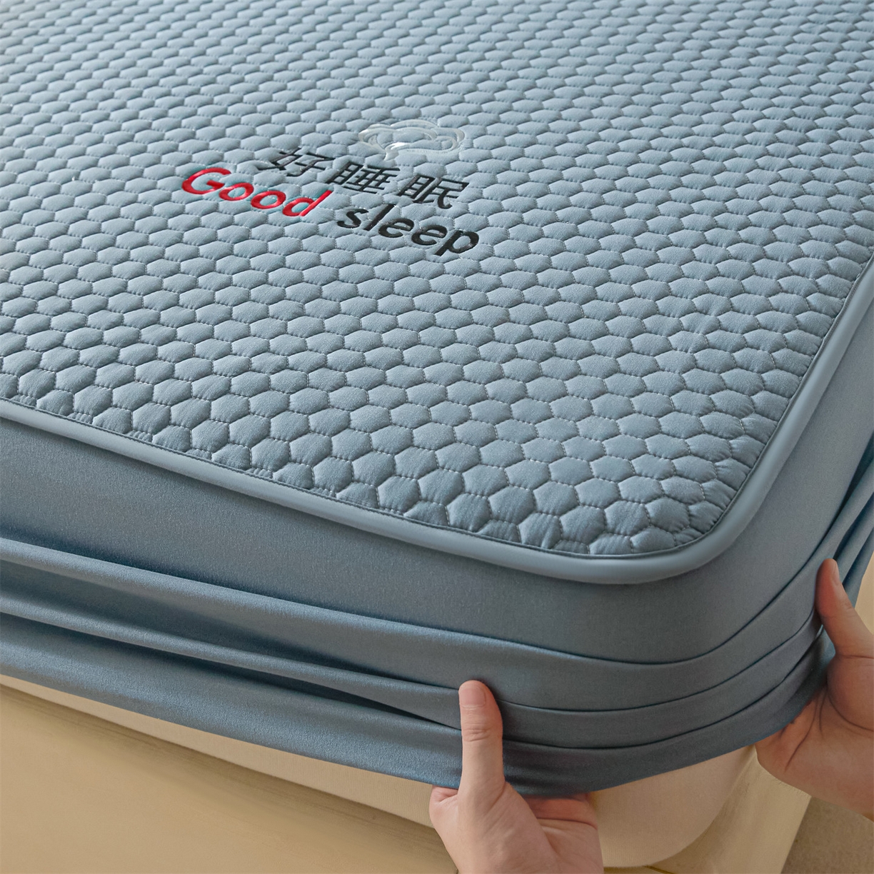 91家纺网 家纺一手货源 找家纺 居眠 2026新款好睡眠-棉花床笠 好睡眠-雾海蓝