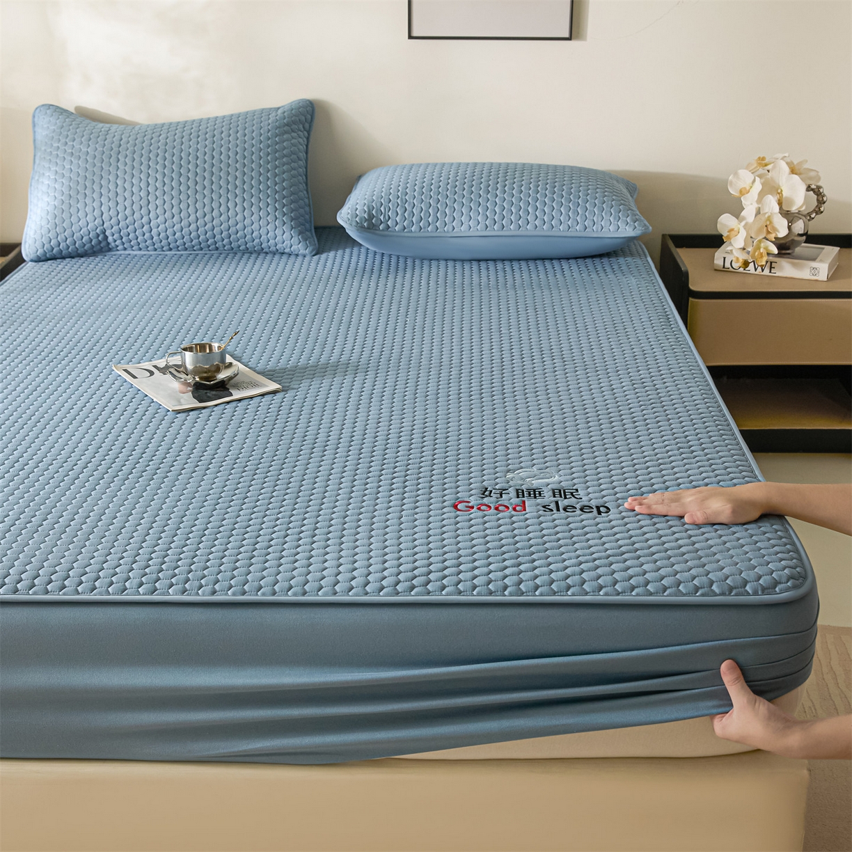 91家纺网 家纺一手货源 找家纺 居眠 2026新款好睡眠-棉花床笠 好睡眠-雾海蓝