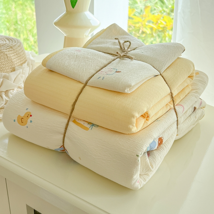 91家纺网 家纺一手货源 找家纺 玉海棠家纺 2025新款双层皱皱纱四件套 动物狂欢会米