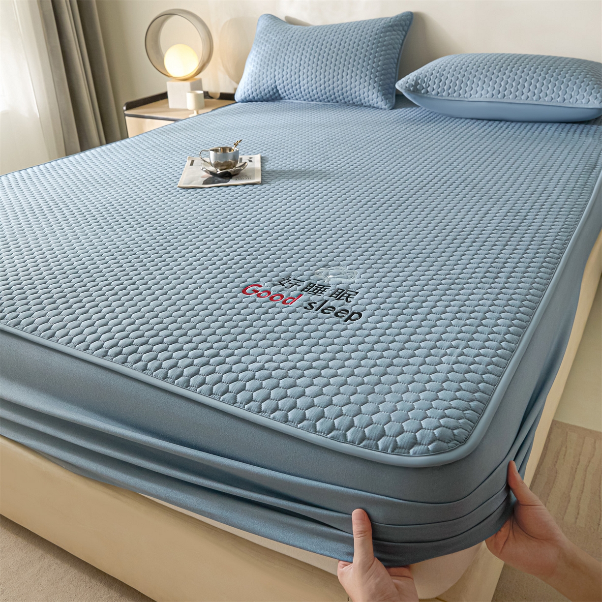 91家纺网 家纺一手货源 找家纺 居眠 2026新款好睡眠-棉花床笠 好睡眠-雾海蓝