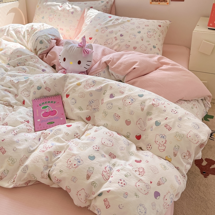 91家纺网 家纺一手货源 找家纺 玉海棠家纺 2025新款双层皱皱纱四件套 凯蒂猫