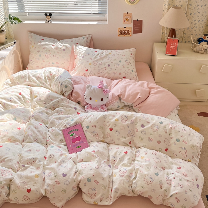 91家纺网 家纺一手货源 找家纺 玉海棠家纺 2025新款双层皱皱纱四件套 凯蒂猫