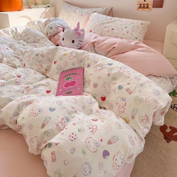 91家纺网 家纺一手货源 找家纺 玉海棠家纺 2025新款双层皱皱纱四件套 凯蒂猫