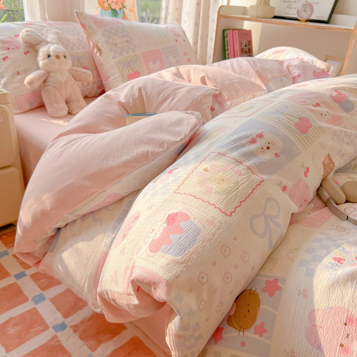 玉海棠家纺 2025新款双层皱皱纱四件套 萌物家族