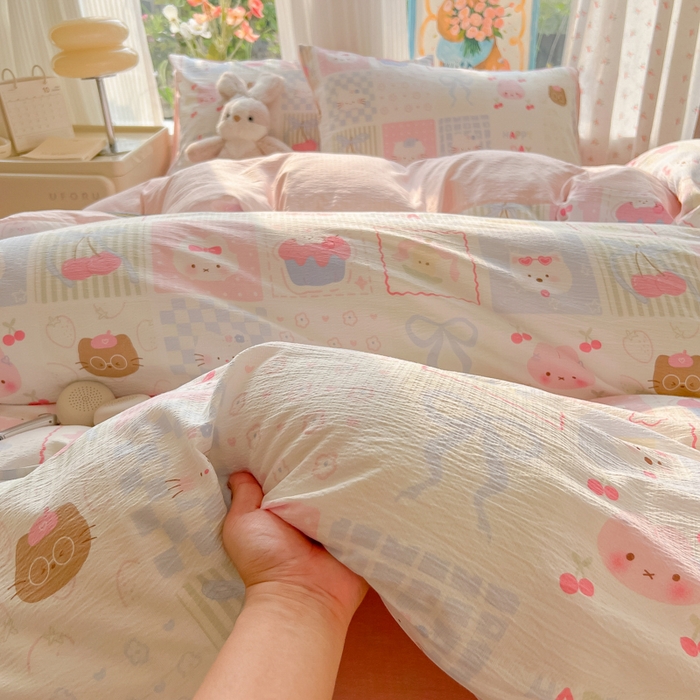 91家纺网 家纺一手货源 找家纺 玉海棠家纺 2025新款双层皱皱纱四件套 萌物家族