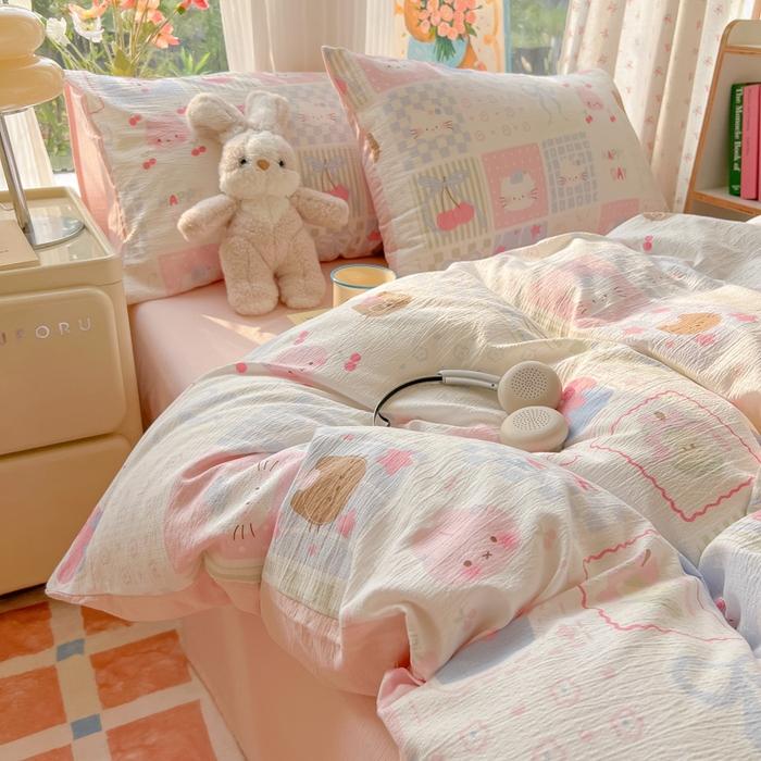 91家纺网 家纺一手货源 找家纺 玉海棠家纺 2025新款双层皱皱纱四件套 萌物家族