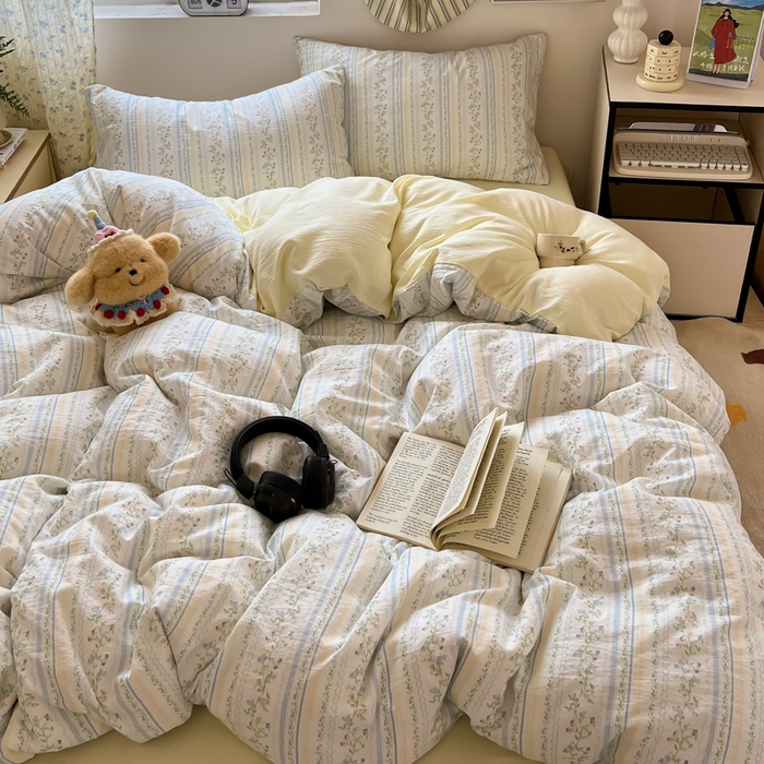 91家纺网 家纺一手货源 找家纺 玉海棠家纺 2025新款双层皱皱纱四件套 晴天