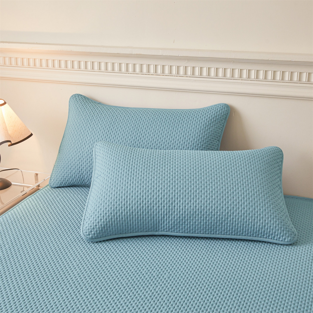 91家纺网 家纺一手货源 找家纺 居眠 2026新款蚕蛹蛋白夹层床笠贝尔夹棉床笠 贝尔-蓝