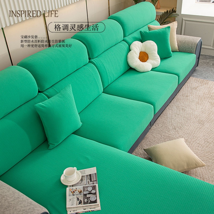 91家纺网 家纺一手货源 找家纺 沐沐家纺 2026新款苏茉小方格防水沙发笠 苏茉防水-墨玉绿