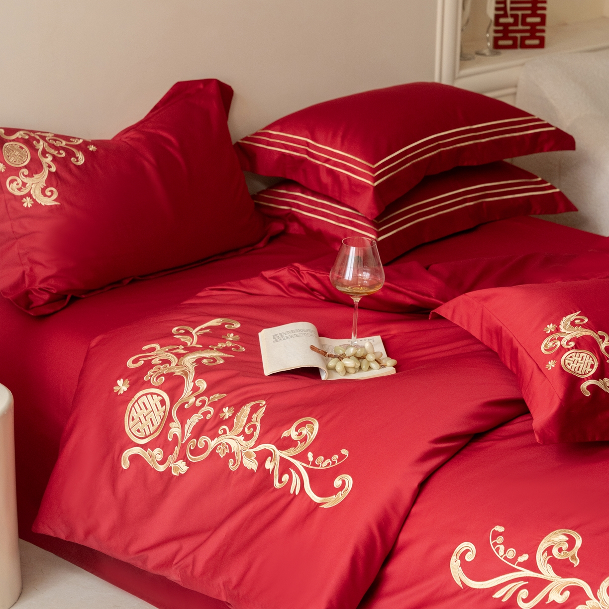 91家纺网 家纺一手货源 找家纺 （总）【会员-20】 【控价商品】【提供买家秀】  2026新款100s长绒棉全棉床上用品结婚四件套刺绣款