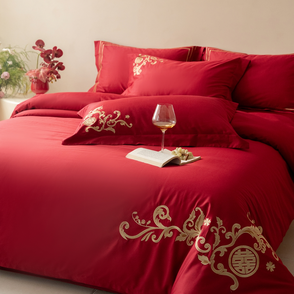 91家纺网 家纺一手货源 找家纺 （总）【会员-20】 【控价商品】【提供买家秀】  2026新款100s长绒棉全棉床上用品结婚四件套刺绣款