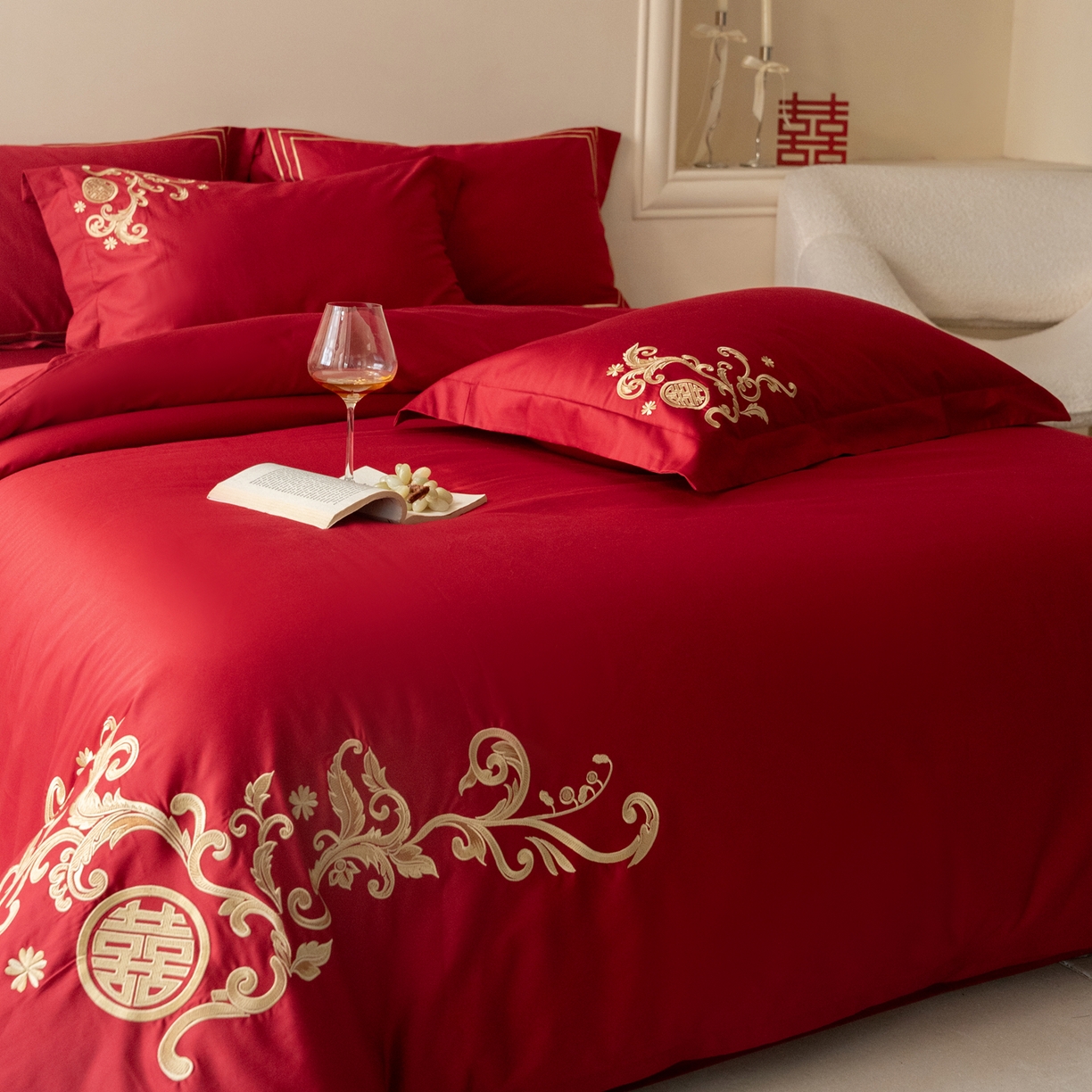 91家纺网 家纺一手货源 找家纺 （总）【会员-20】 【控价商品】【提供买家秀】  2026新款100s长绒棉全棉床上用品结婚四件套刺绣款