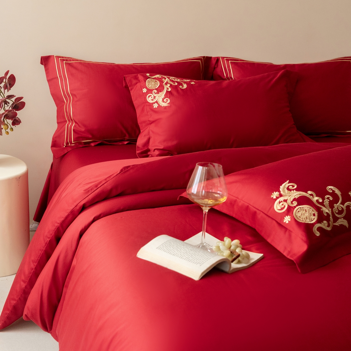 91家纺网 家纺一手货源 找家纺 （总）【会员-20】 【控价商品】【提供买家秀】  2026新款100s长绒棉全棉床上用品结婚四件套刺绣款