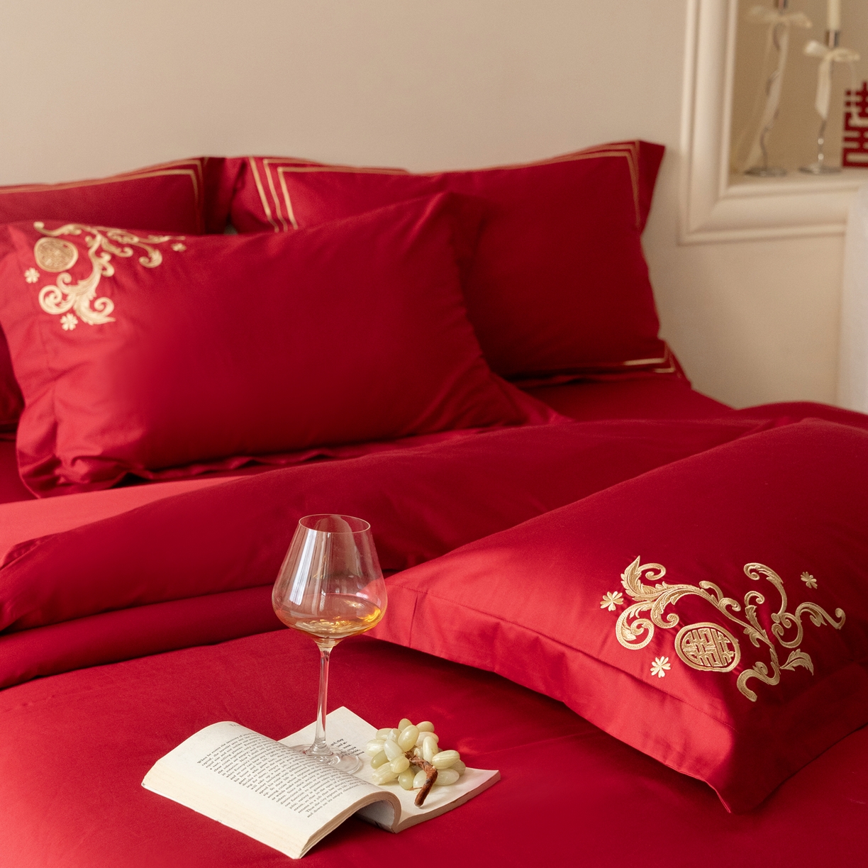 91家纺网 家纺一手货源 找家纺 （总）【会员-20】 【控价商品】【提供买家秀】  2026新款100s长绒棉全棉床上用品结婚四件套刺绣款