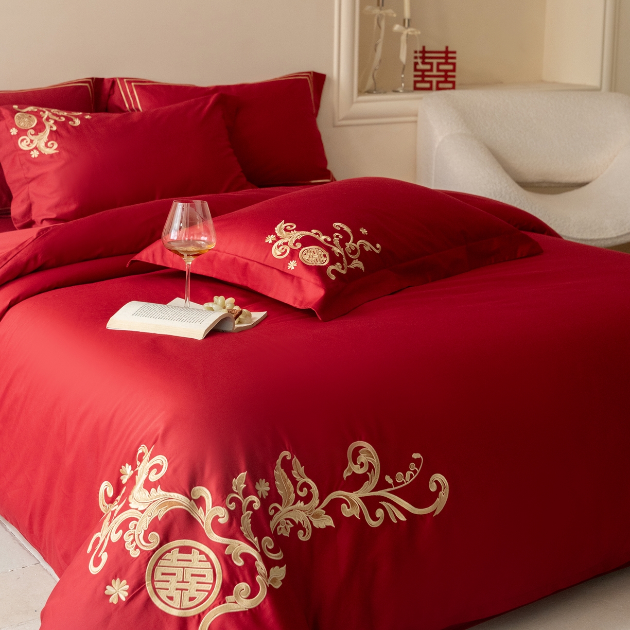 91家纺网 家纺一手货源 找家纺 （总）【会员-20】 【控价商品】【提供买家秀】  2026新款100s长绒棉全棉床上用品结婚四件套刺绣款