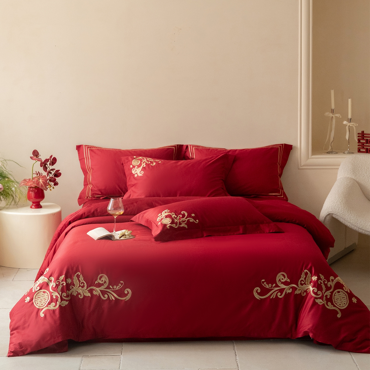 91家纺网 家纺一手货源 找家纺 （总）【会员-20】 【控价商品】【提供买家秀】  2026新款100s长绒棉全棉床上用品结婚四件套刺绣款