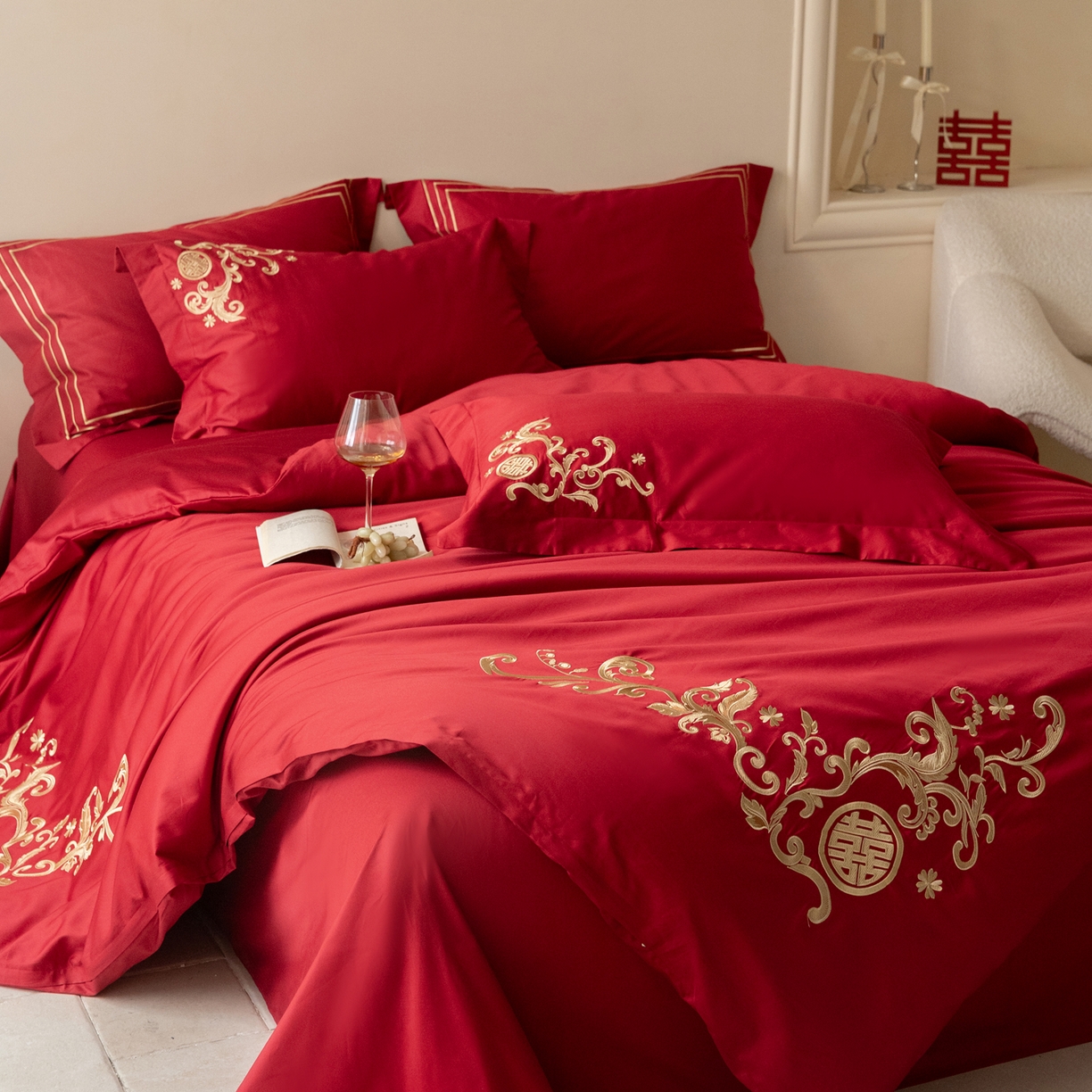 91家纺网 家纺一手货源 找家纺 （总）【会员-20】 【控价商品】【提供买家秀】  2026新款100s长绒棉全棉床上用品结婚四件套刺绣款