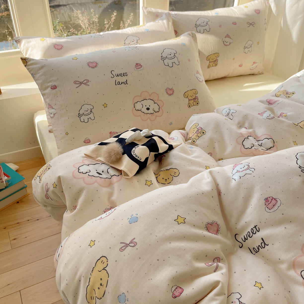 91家纺网 家纺一手货源 找家纺 （总）六巷胡同 2026春夏新款INS卡通A类全棉纯棉双层纱四件套