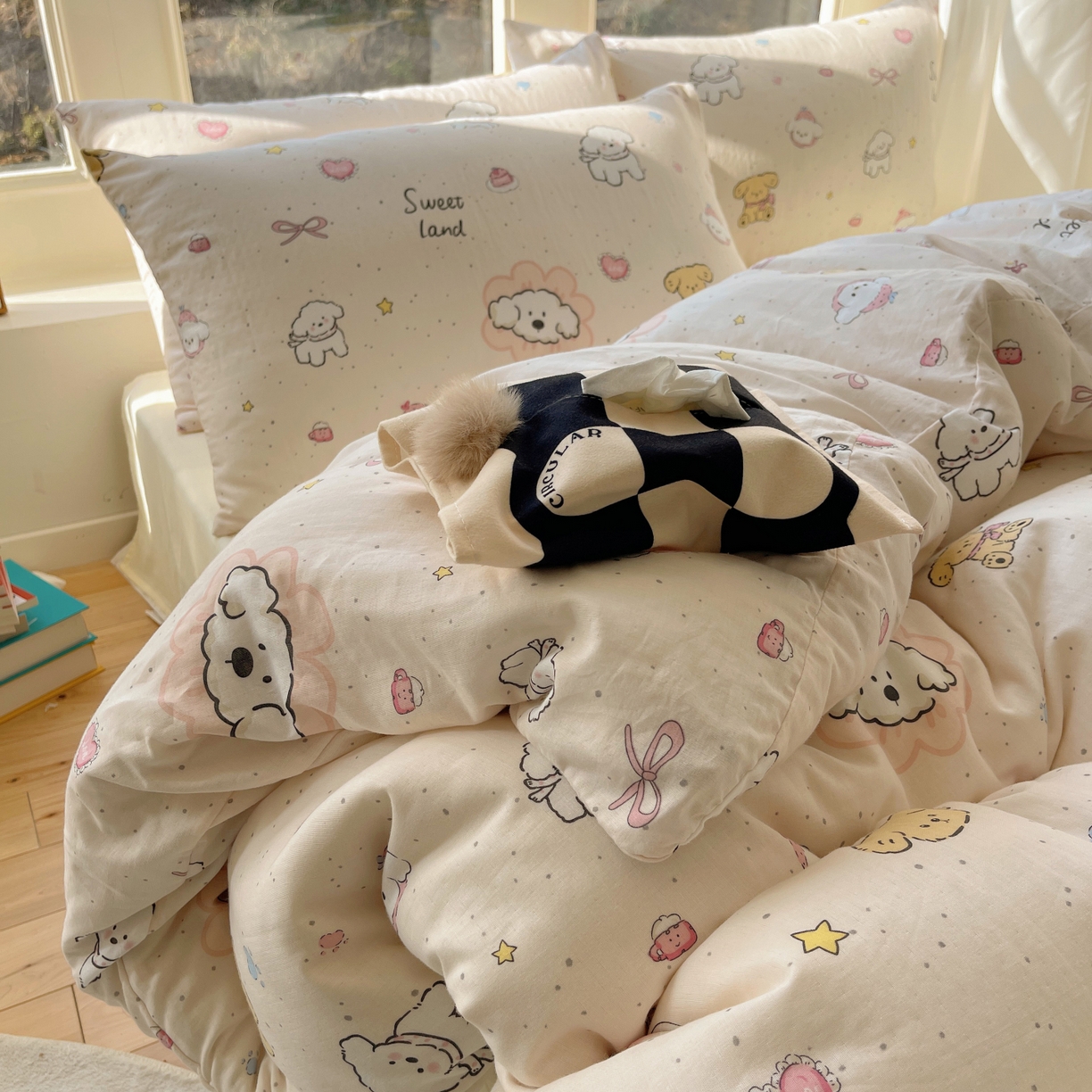 91家纺网 家纺一手货源 找家纺 （总）六巷胡同 2026春夏新款INS卡通A类全棉纯棉双层纱四件套