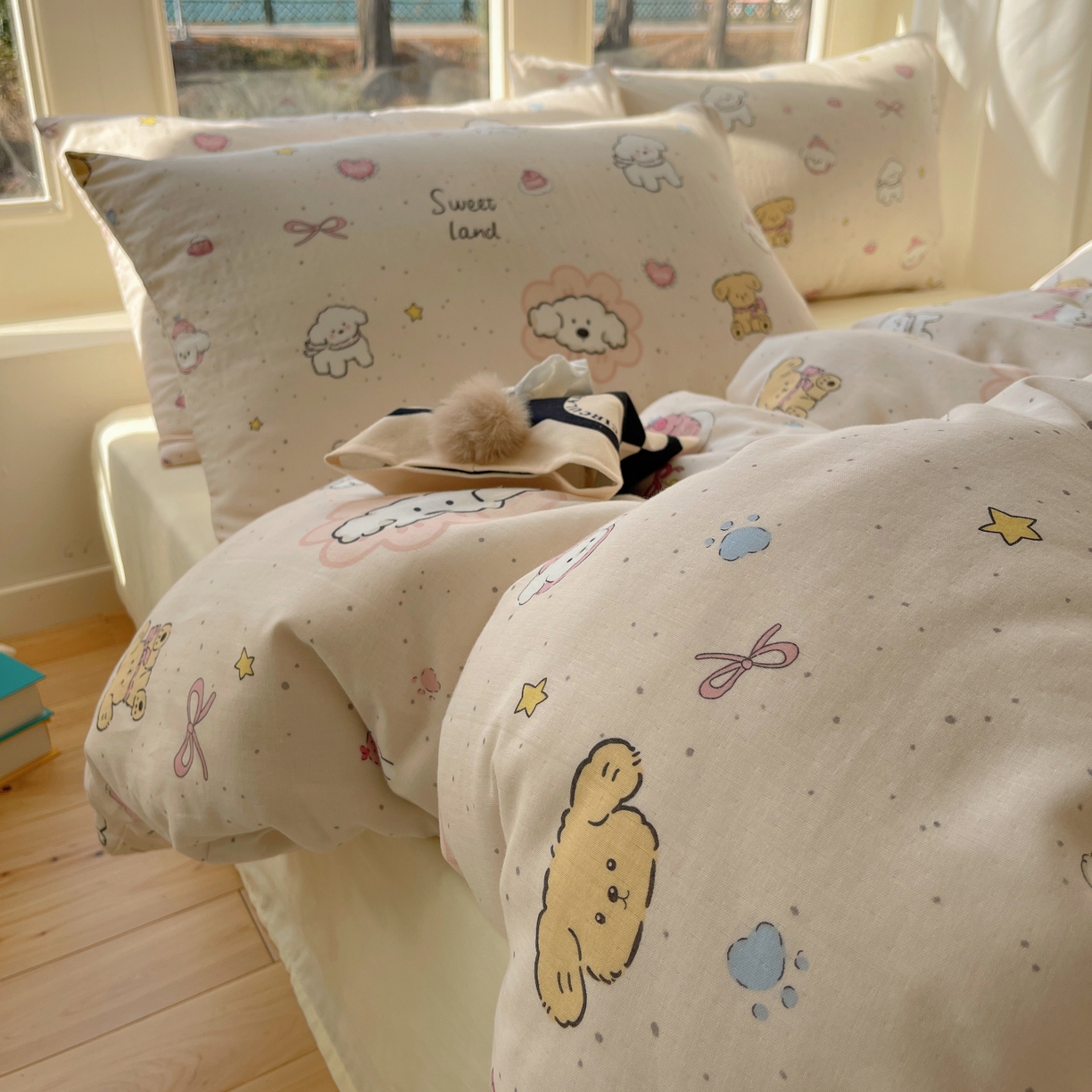 91家纺网 家纺一手货源 找家纺 （总）六巷胡同 2026春夏新款INS卡通A类全棉纯棉双层纱四件套